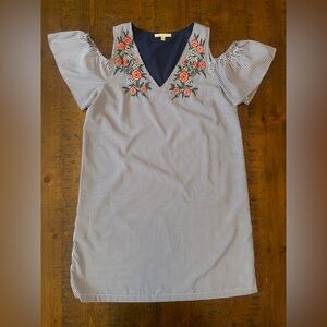 Striped Blue/White V-Neck Dress with Floral Embroidery/ Bare Shoulders